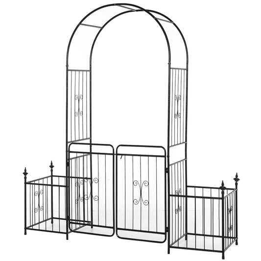 Photo of Outsunny Metal Garden Arbor Arch with Double Doors, 2 Side Planter Baskets, Climbing Vine Frame, Black in Black colour on a white background