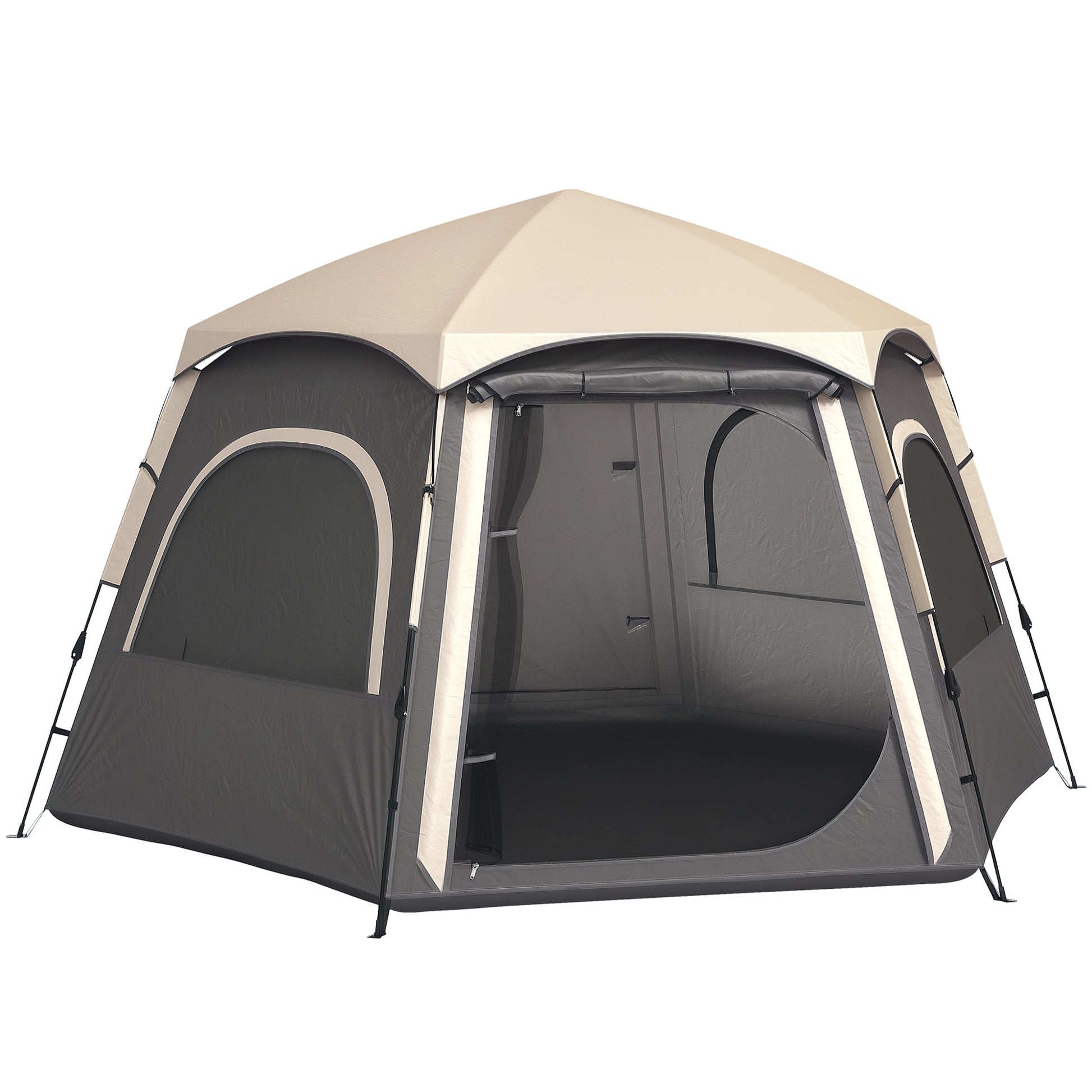 Photo of Outsunny Instant Pop Up Camping Tent, 2/3/4 Person Easy Setup Dome Family Tent with Vestibule, Rainfly, 4 Mesh Windows & 2 Doors, Hexagonal Design, Waterproof & UV Protected, Dark Grey in Grey colour on a white background