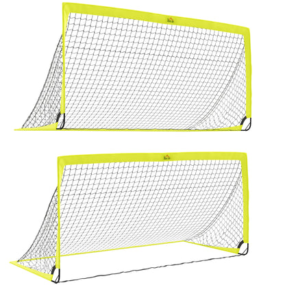 Two foldable football goals with bright yellow frames and black mesh nets