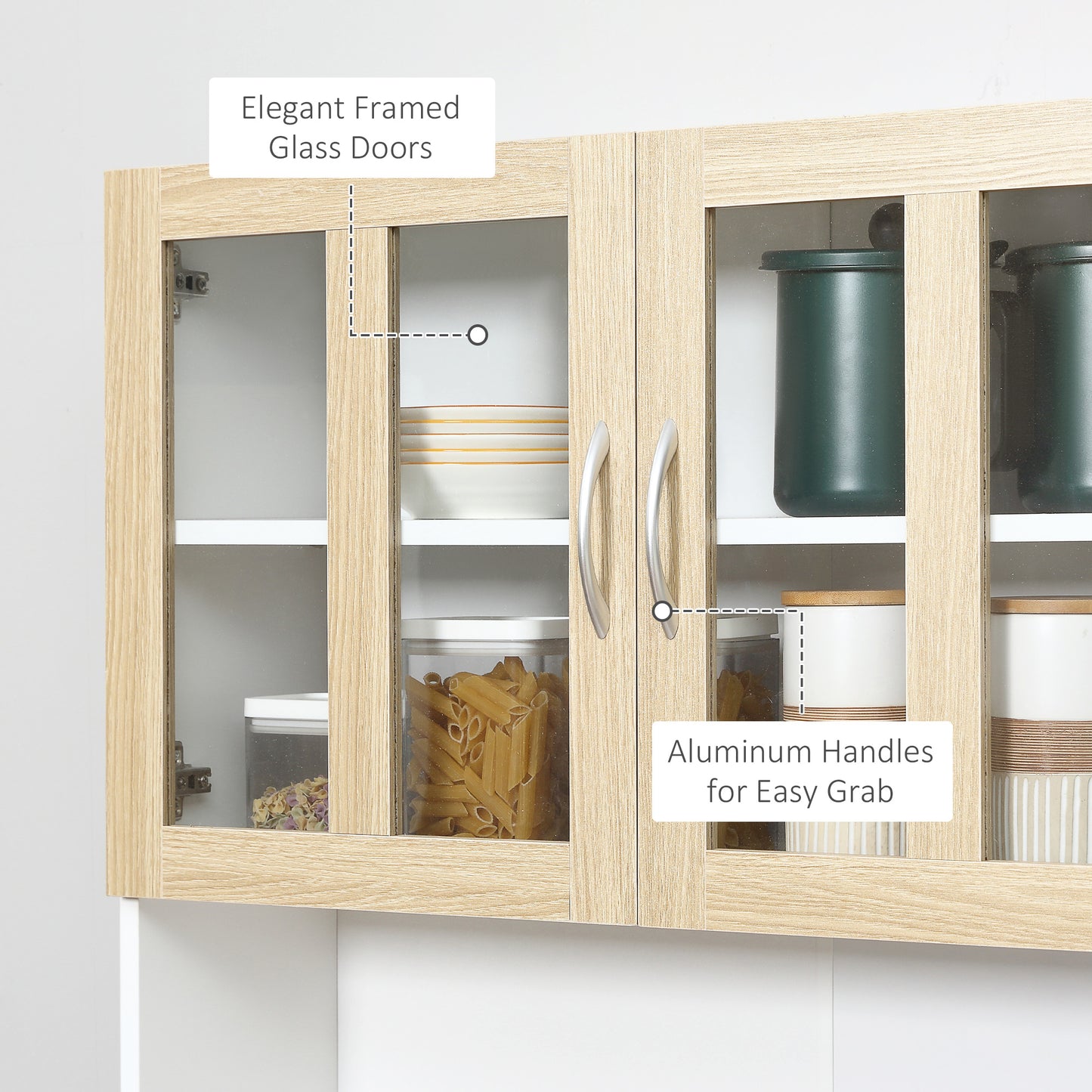HOMCOM Modern Kitchen Cupboard, Freestanding Storage Cabinet Hutch with Central Drawer, 2 Glass Door Cabinets, White