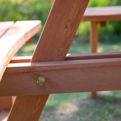 Picnic set frame detail showing a bolt securing the wooden support braces