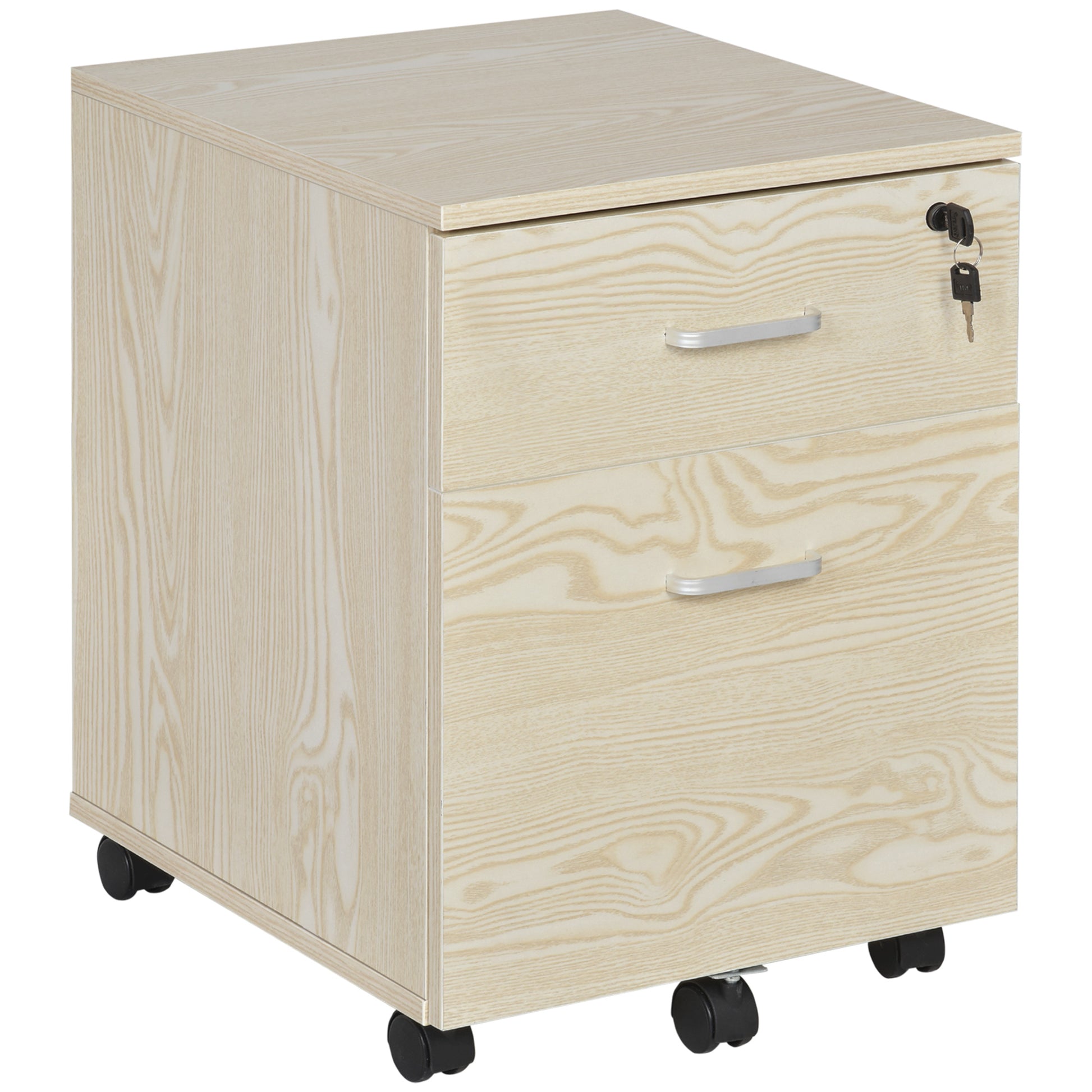 Photo of Vinsetto 2-Drawer Locking Office Filing Cabinet w/ 5 Wheels Rolling Storage Hanging A4 Cupboard Home Organisation, Oak Wood Grain in Grain colour on a white background