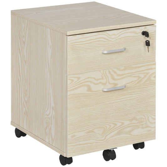 Photo of Vinsetto 2-Drawer Locking Office Filing Cabinet w/ 5 Wheels Rolling Storage Hanging A4 Cupboard Home Organisation, Oak Wood Grain in Grain colour on a white background