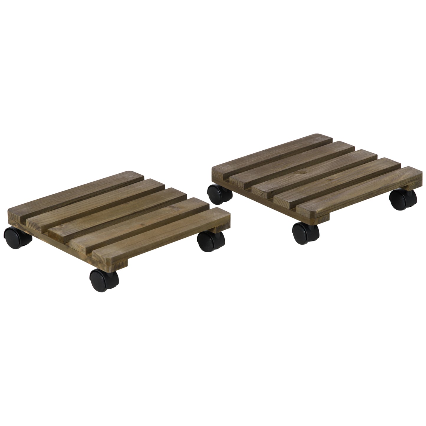 Photo of Outsunny 2 Pack Plant Caddy with Wheels, 30 cm Square Wooden Plant Pot Trolley, Pot Caddy for Outdoor Patios, Decks and Indoors, Dark Brown in Brown colour on a white background