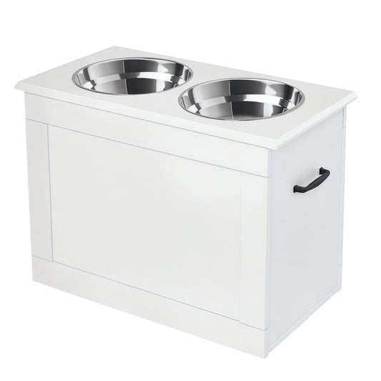 Photo of PawHut Raised Dog Bowls, with Storage, Two Stainless Steel Bowls, Elevated Base - White in White colour on a white background