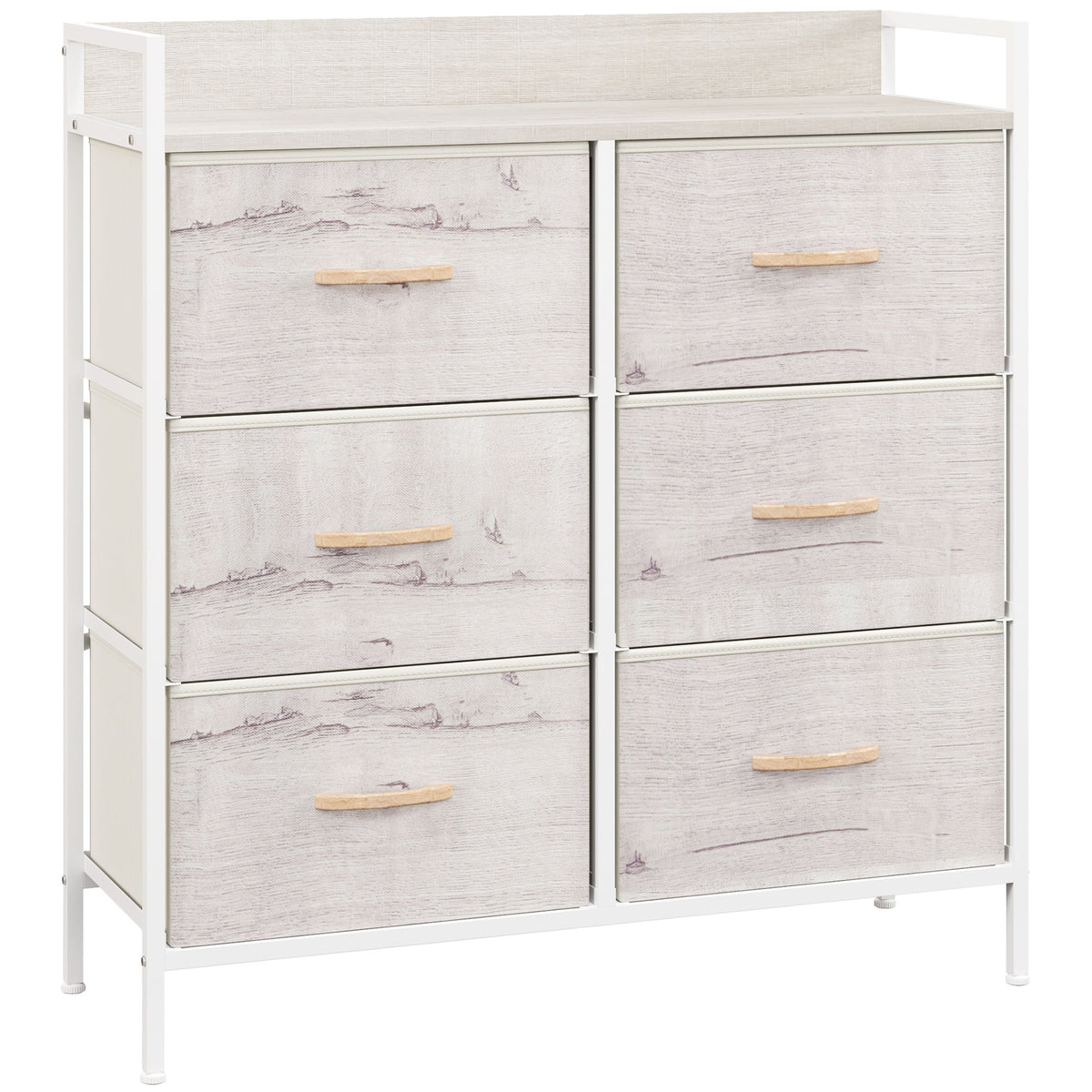HOMCOM six-drawer chest with pale wood-look fabric drawers, white frame and wood-tone handles