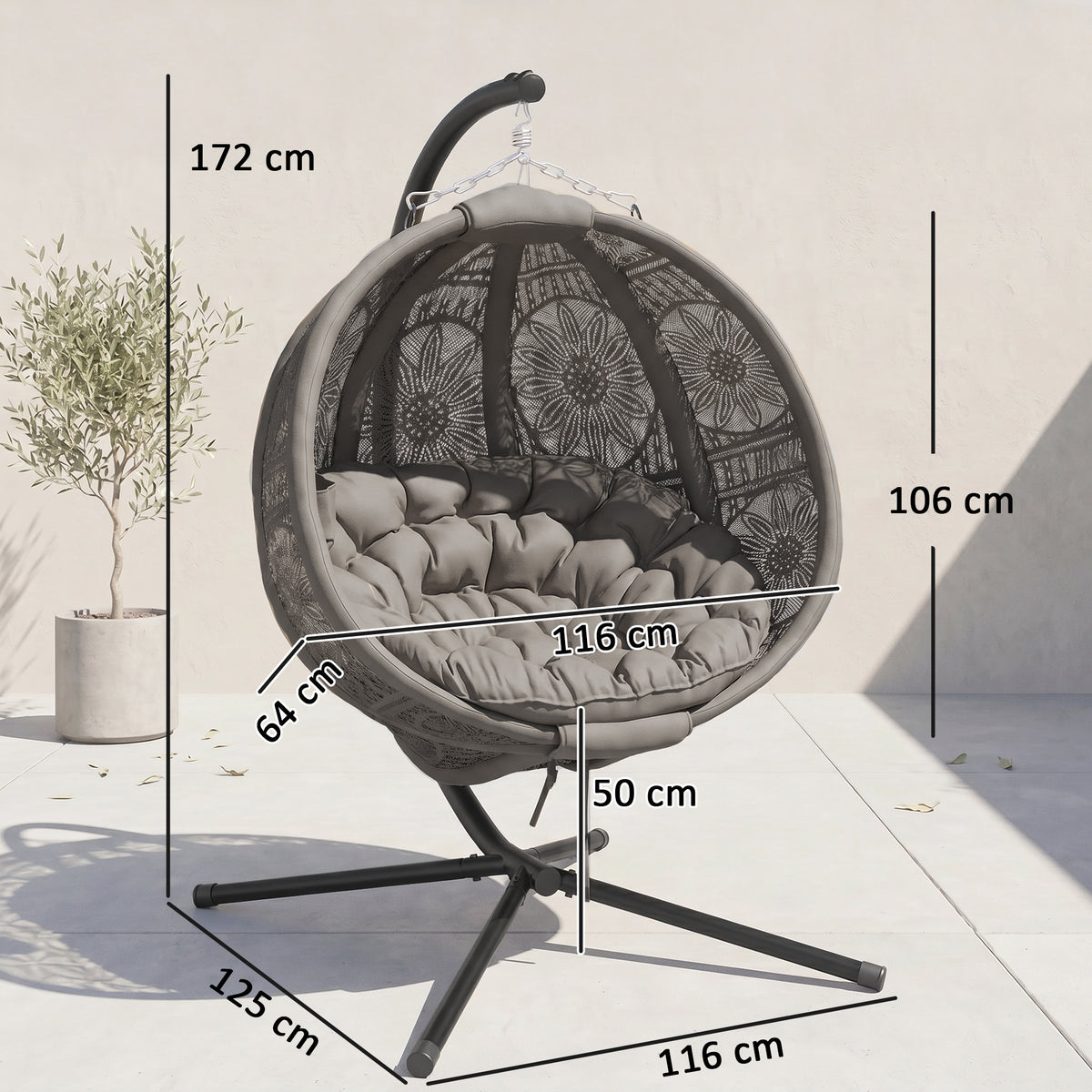 Outsunny egg chair with patterned basket, cushion, steel stand, and dimension labels
