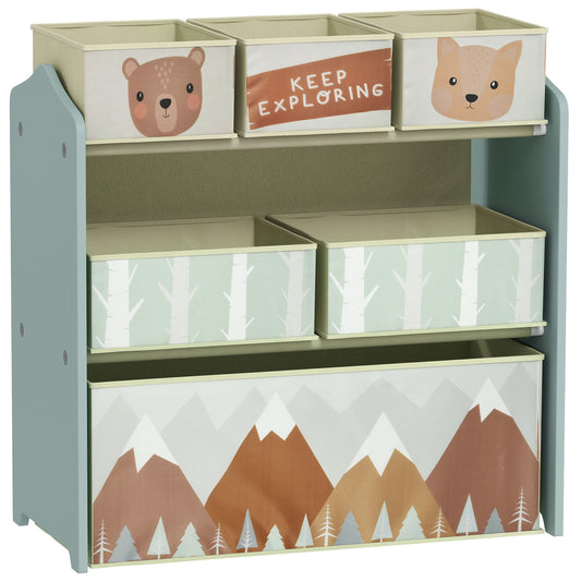 Photo of ZONEKIZ Kids Storage Unit, Toy Storage Organiser, with Six Fabric Bins, for Bedrooms, Playrooms, Nurseries - Green in Green colour on a white background