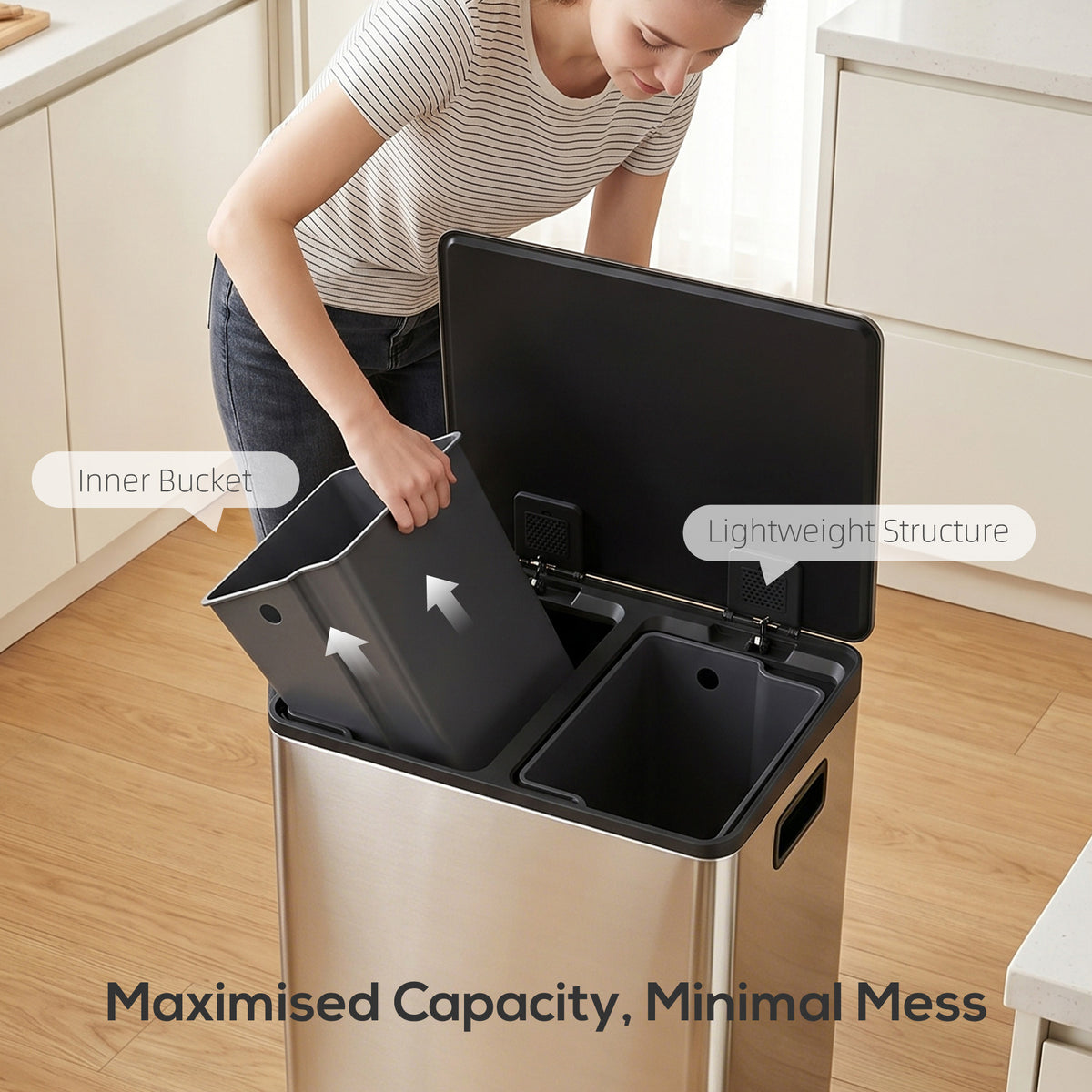 HOMCOM dual-compartment bin with one removable inner bucket lifted out