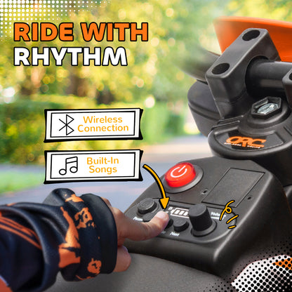 Kids' electric motorcycle dashboard with power button, music controls and wireless connection