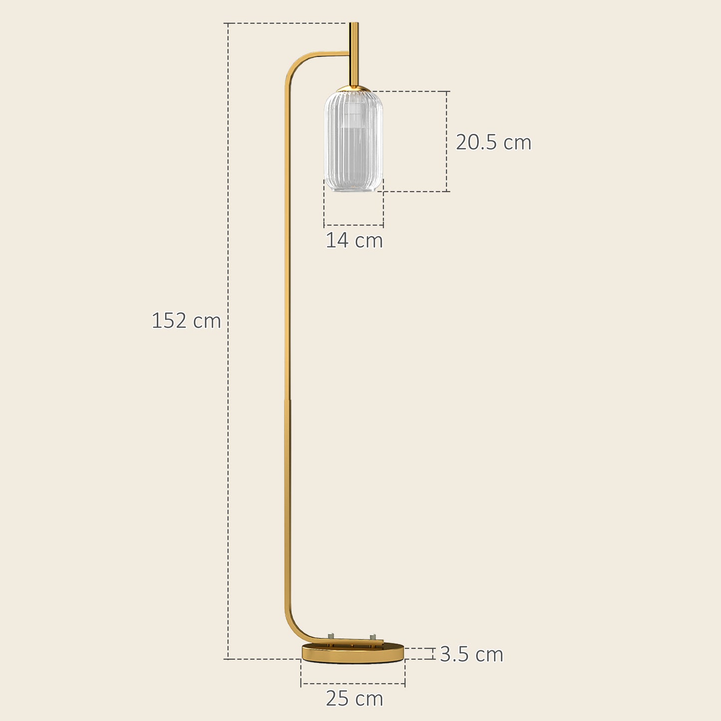 HOMCOM LED Floor Lamp for Living Room with Glass Lampshade, Modern Standing Lamp with Foot Switch, Adjustable Brightness, 2700K for Bedroom, Gold Tone