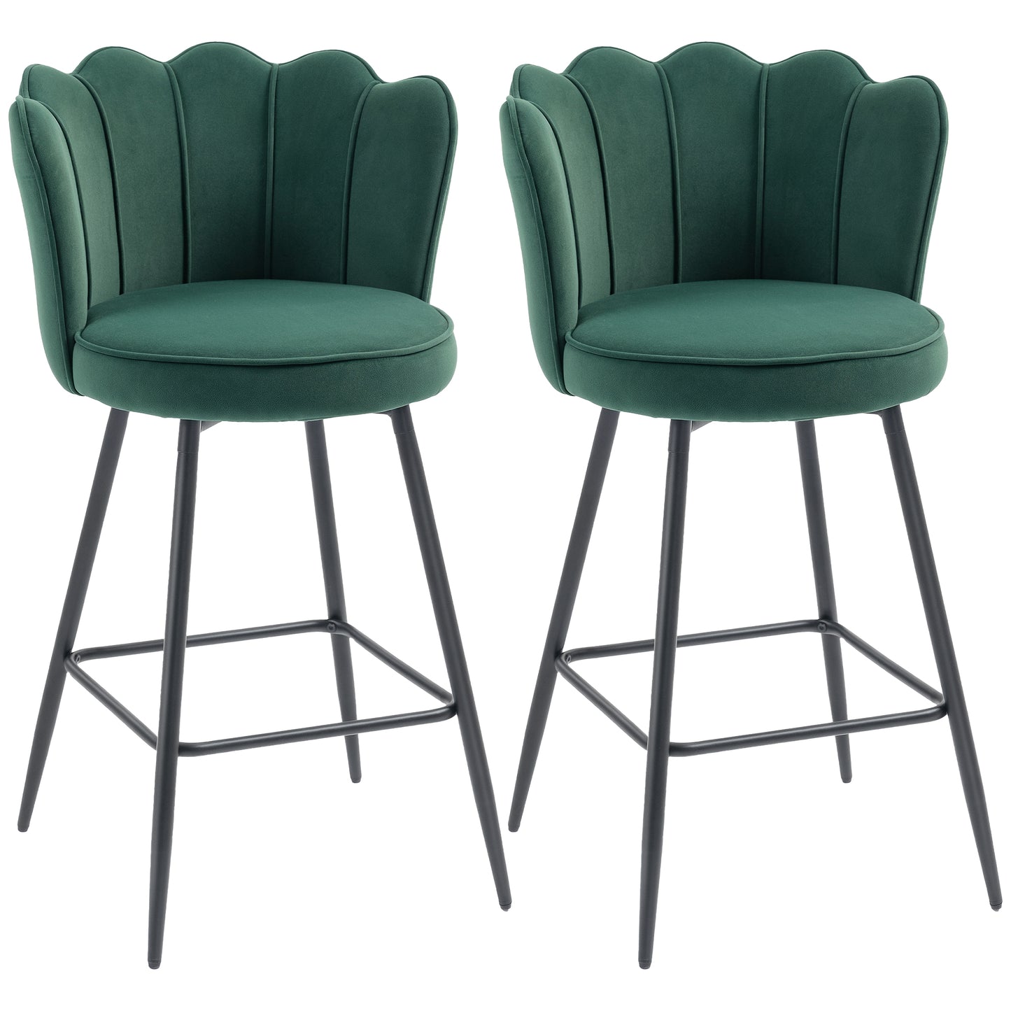 Photo of HOMCOM Set of Two Velvet-Feel Lotus Bar Stools - Dark Green in Green colour on a white background