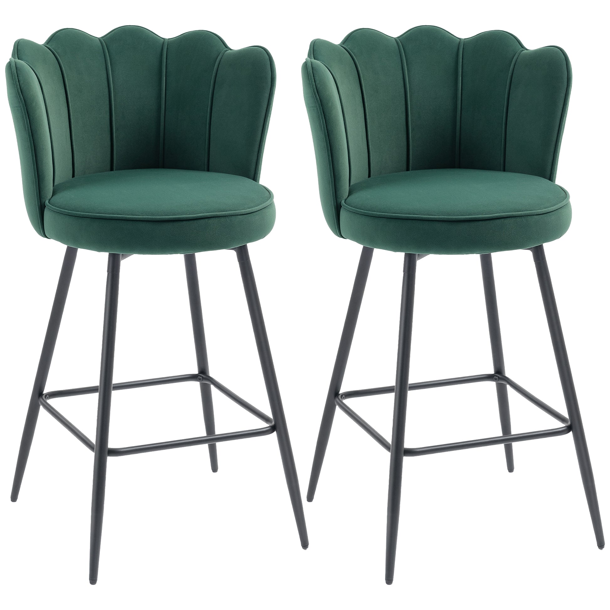 Photo of HOMCOM Set of Two Velvet-Feel Lotus Bar Stools - Dark Green in Green colour on a white background