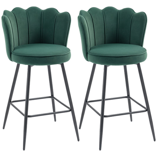Photo of HOMCOM Set of Two Velvet-Feel Lotus Bar Stools - Dark Green in Green colour on a white background