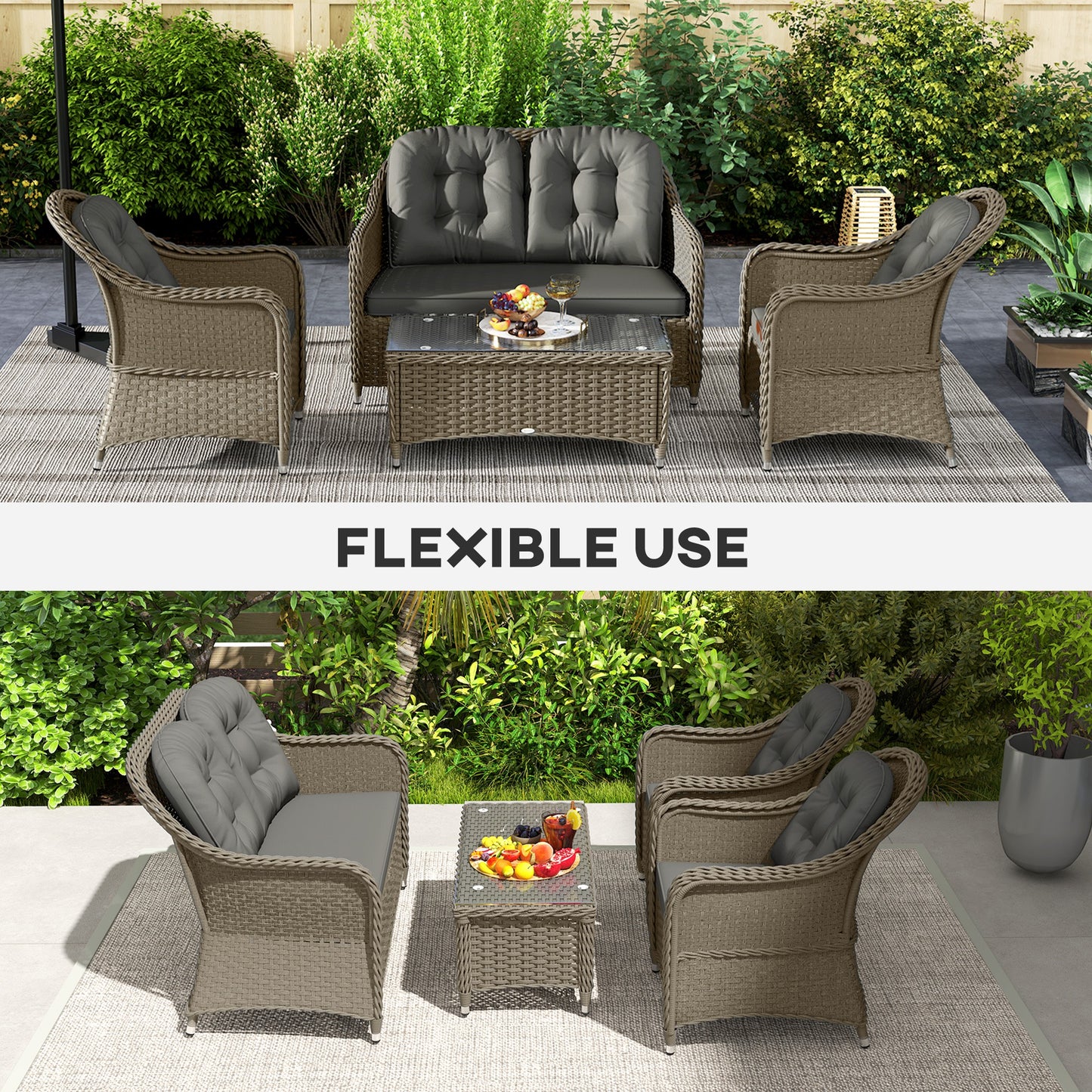 Outsunny Four-Piece Rattan Sofa Set, with Glass-Top Table - Light Grey