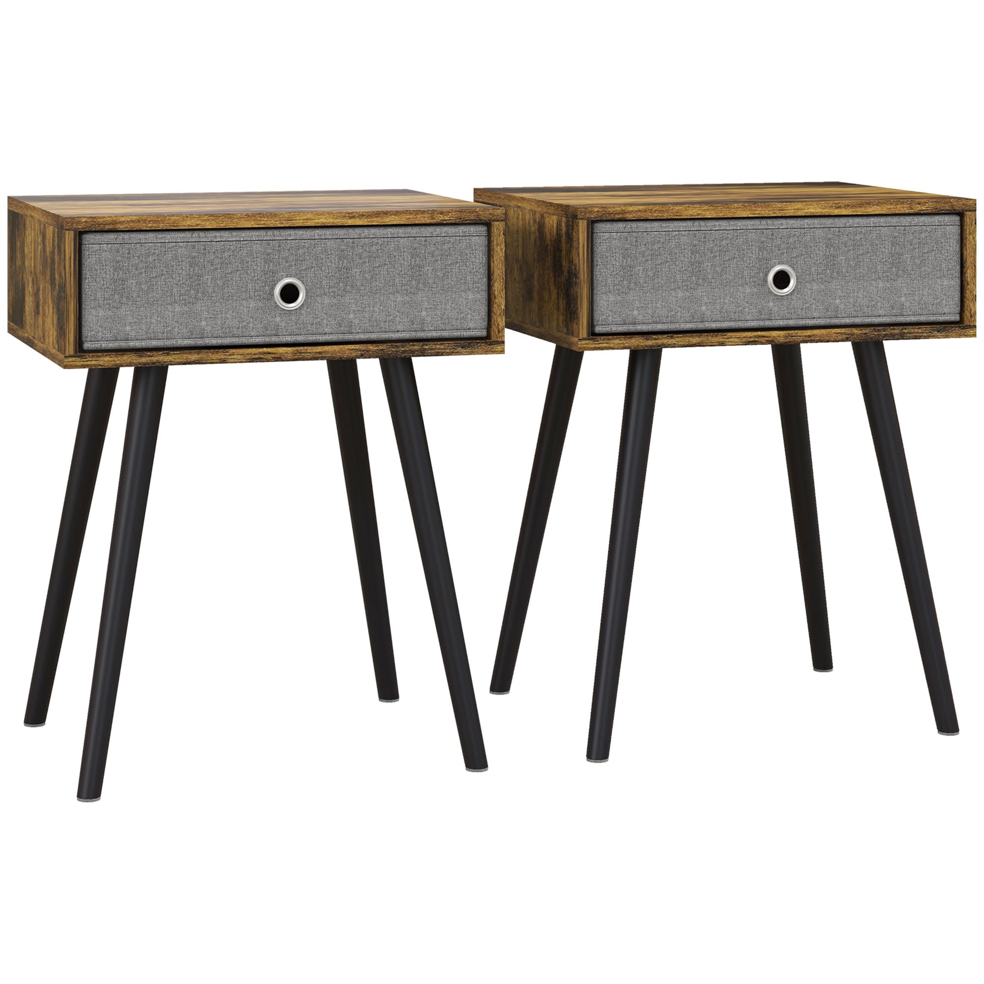 Photo of HOMCOM Bedside Table Set of 2, Industrial Nightstand, Tall End Table with Removable Fabric Drawer, Retro Chic Side Table Accent Furniture with Wooden Legs, Rustic Brown in Brown colour on a white background