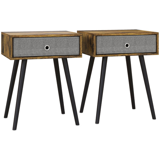 Photo of HOMCOM Bedside Table Set of 2, Industrial Nightstand, Tall End Table with Removable Fabric Drawer, Retro Chic Side Table Accent Furniture with Wooden Legs, Rustic Brown in Brown colour on a white background