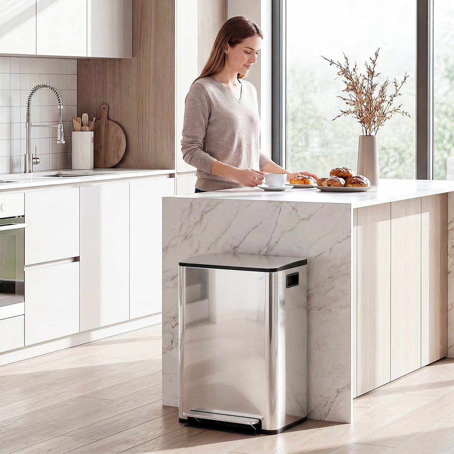 HOMCOM 60L Dual Compartment Stainless Steel Bin, with Deodoriser Holders - Silver Tone