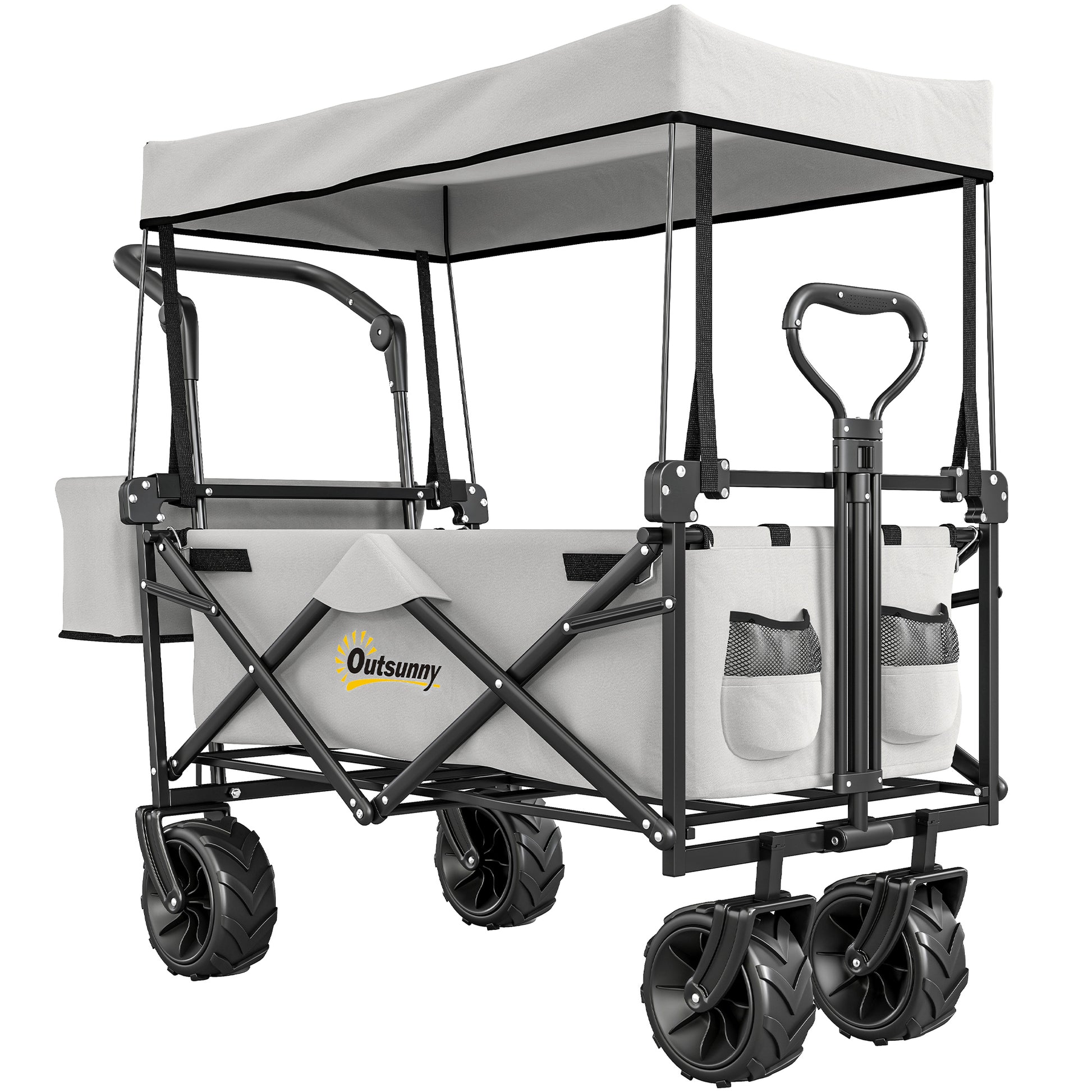 Photo of Outsunny 180L Festival Trolley on Wheels, Push & Pull Beach Cart with Removable Canopy, Wide All-Terrain Wheels, Folding Camping Trolley Cart, Adjustable Handle for Garden Fishing Shopping, Grey in Grey colour on a white background