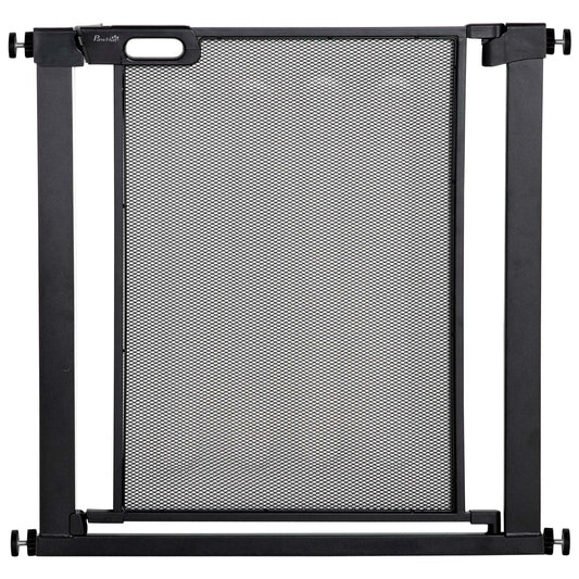 Black PawHut dog safety gate with mesh center, handle, and pressure-mounted side bars
