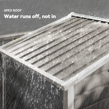 Pitched metal garden shed roof designed to shed rainwater
