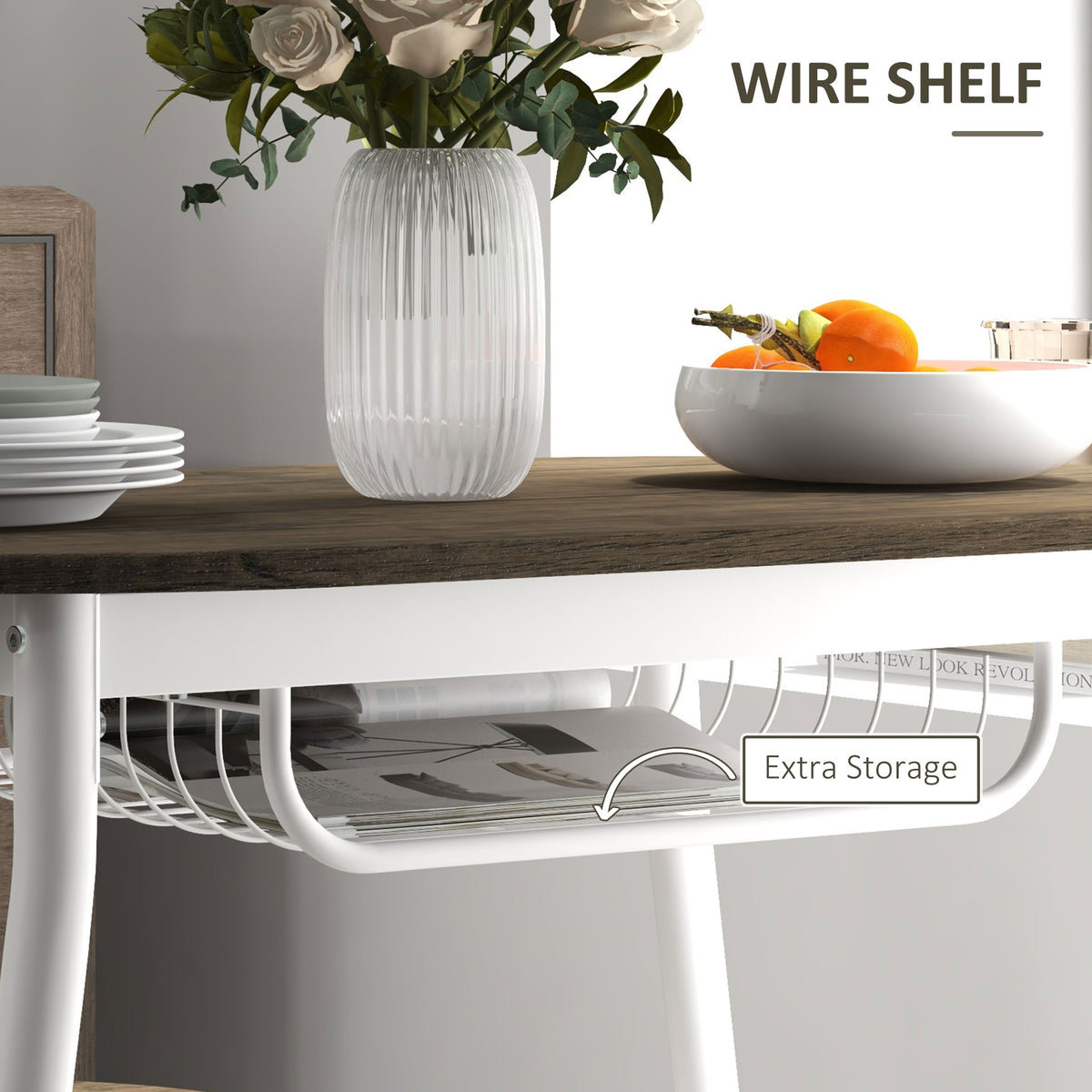 Dining table wire storage shelf beneath a dark wood-look tabletop, with white steel frame
