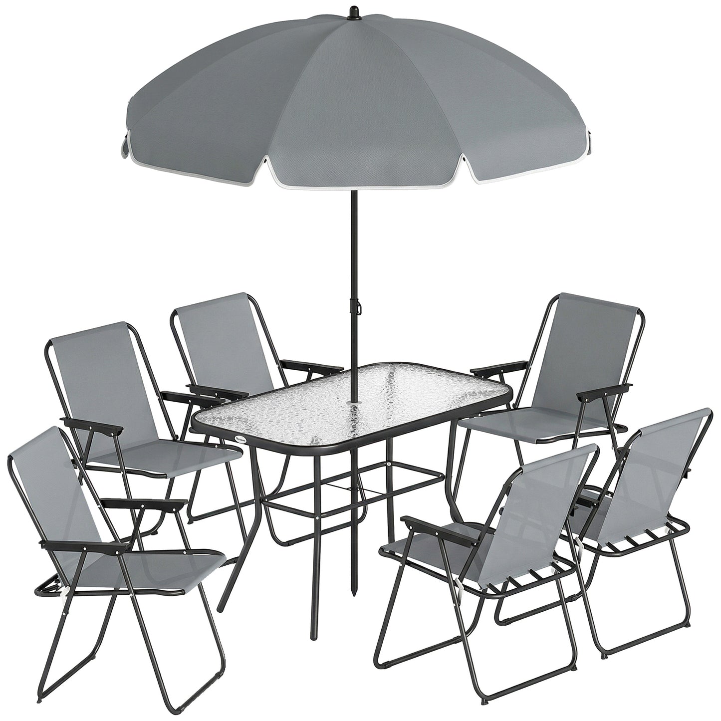 Photo of Outsunny 8 Piece Garden Dining Set with Umbrella, Garden Furniture Set with 6 Folding Chairs, Tempered Glass Table for Patio Grey in Grey colour on a white background