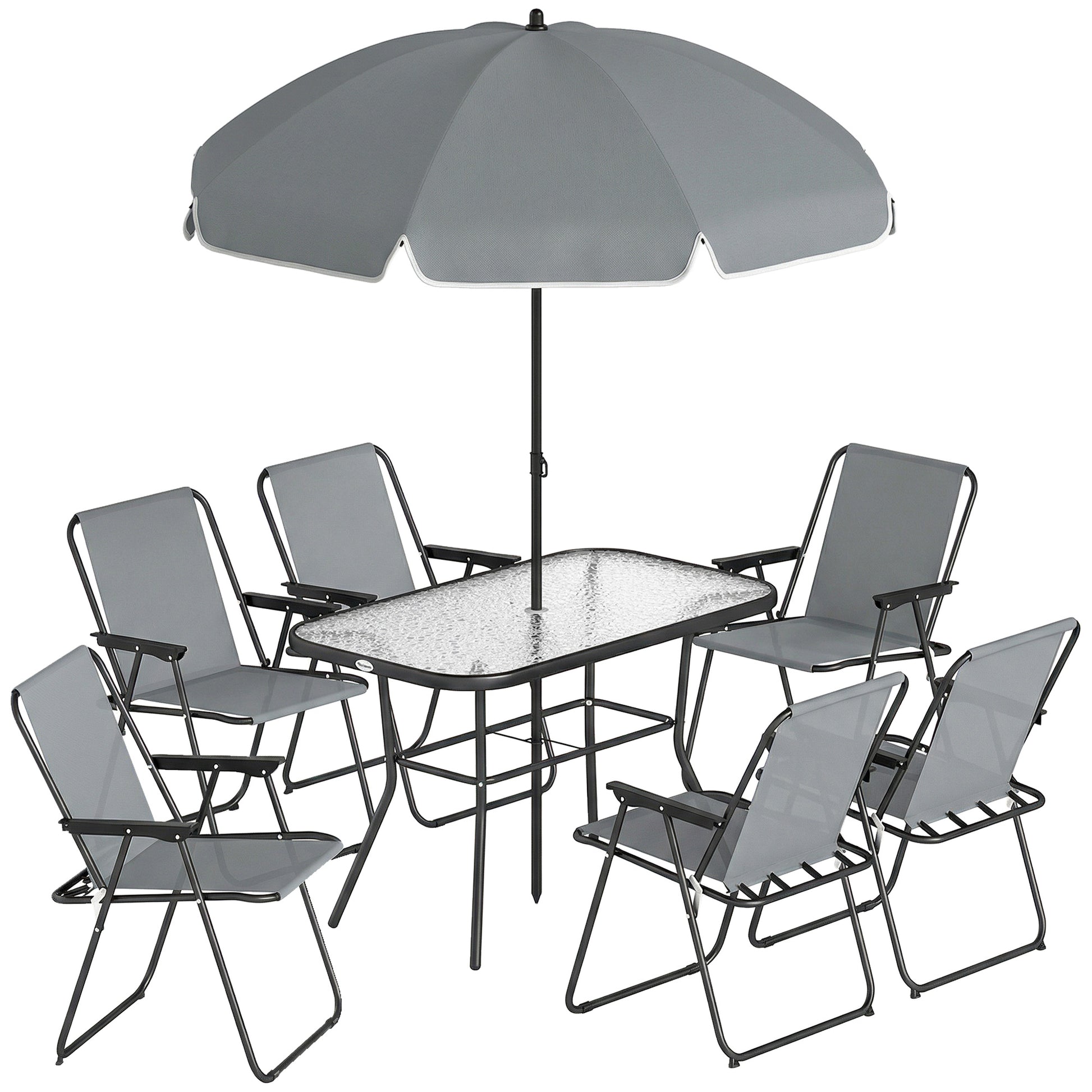 Photo of Outsunny 8 Piece Garden Dining Set with Umbrella, Garden Furniture Set with 6 Folding Chairs, Tempered Glass Table for Patio Grey in Grey colour on a white background