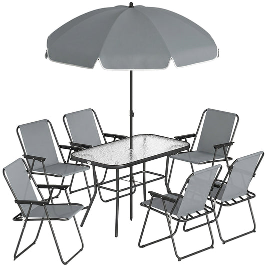 Photo of Outsunny 8 Piece Garden Dining Set with Umbrella, Garden Furniture Set with 6 Folding Chairs, Tempered Glass Table for Patio Grey in Grey colour on a white background