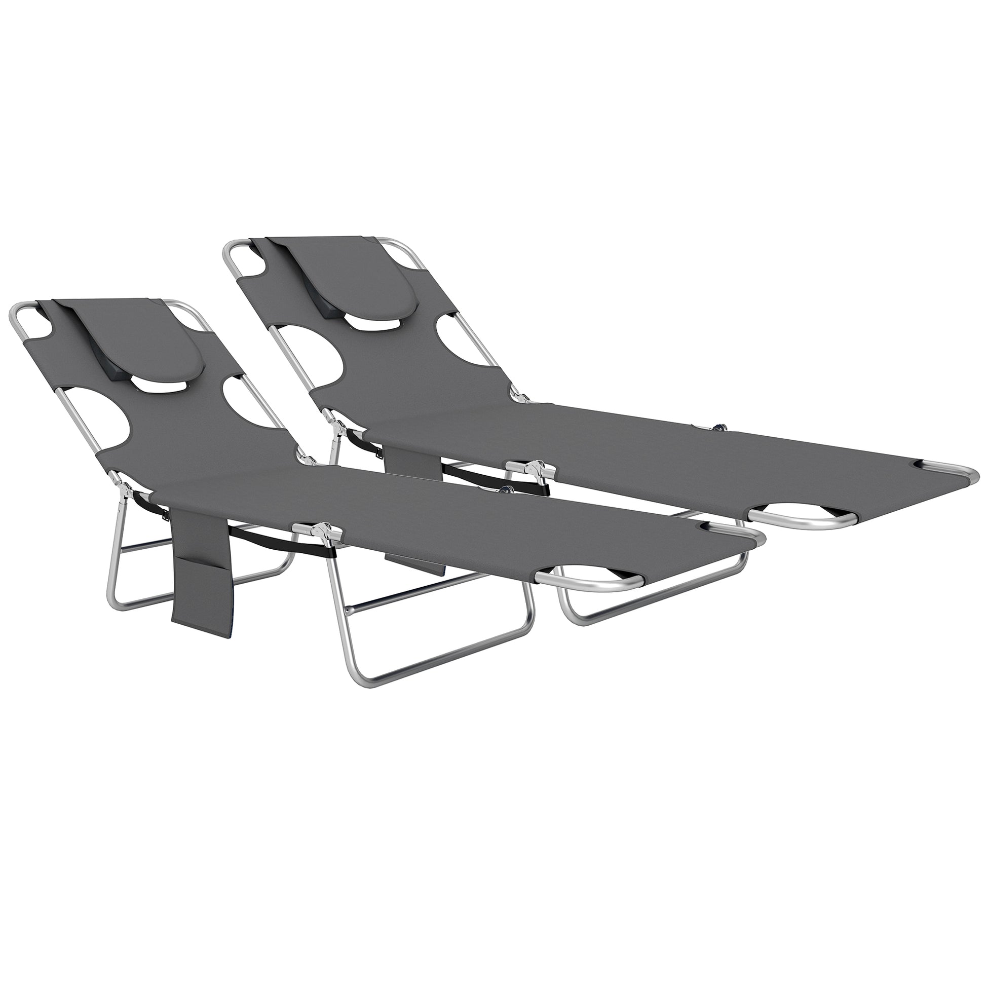 Photo of Outsunny Foldable Sun Lounger Set of 2, Beach Chaise Lounge with Reading Hole, Arm Slots, 5-Position Adjustable Backrest, Side Pocket, Pillow for Garden, Beach, Pool, Dark Grey in Grey colour on a white background