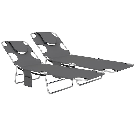 Photo of Outsunny Foldable Sun Lounger Set of 2, Beach Chaise Lounge with Reading Hole, Arm Slots, 5-Position Adjustable Backrest, Side Pocket, Pillow for Garden, Beach, Pool, Dark Grey in Grey colour on a white background