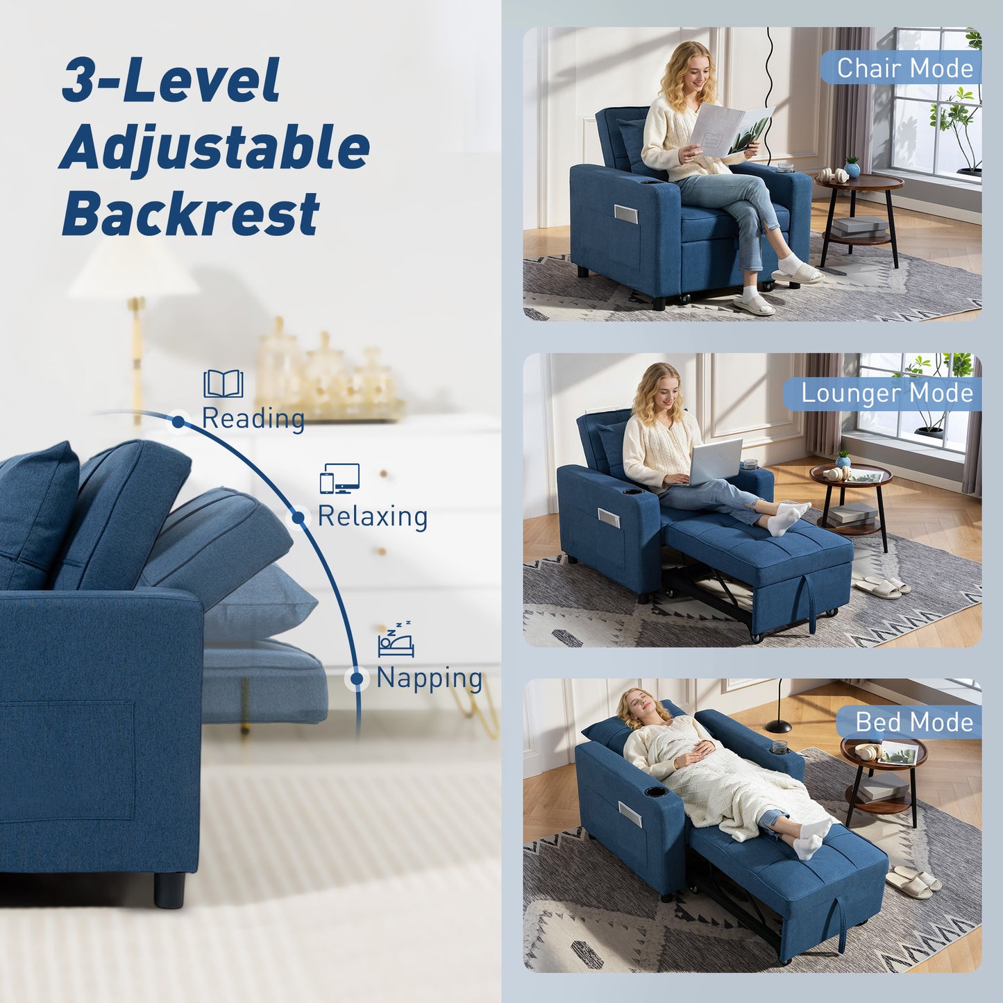 HOMCOM 3-in-1 Single Sofa Bed, Convertible Sleeper Chair Bed with 3-level Adjustable Back - Dark Blue
