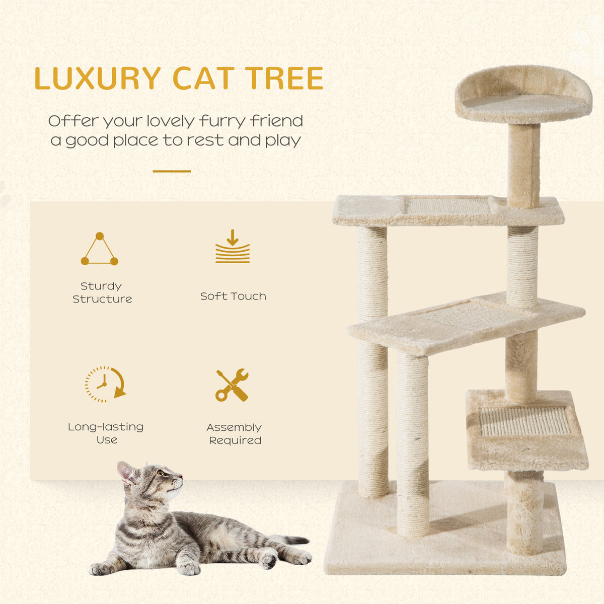 Beige cat tree with sisal posts, plush platforms, top bed, and a cat beside it