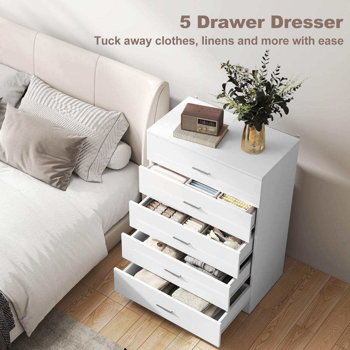 HOMCOM High Gloss 3 Piece Trio Bedroom Furniture Set Wardrobe + Chest Of Drawer + Bedside White