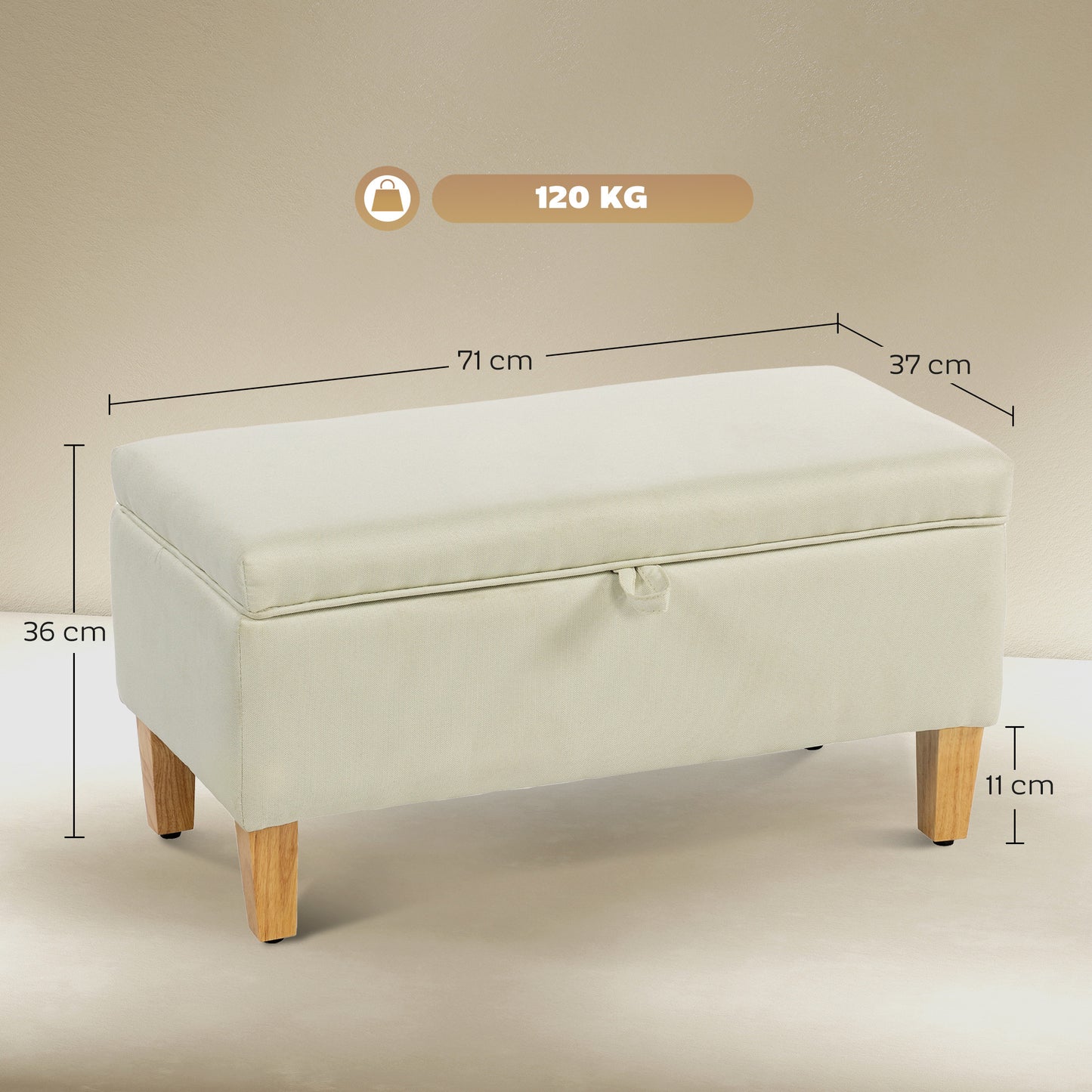 HOMCOM 30L Linen Storage Ottoman Padded Footstool with Rubberwood Legs for Storage Box, Bed End, Shoe Bench, Seating, Beige