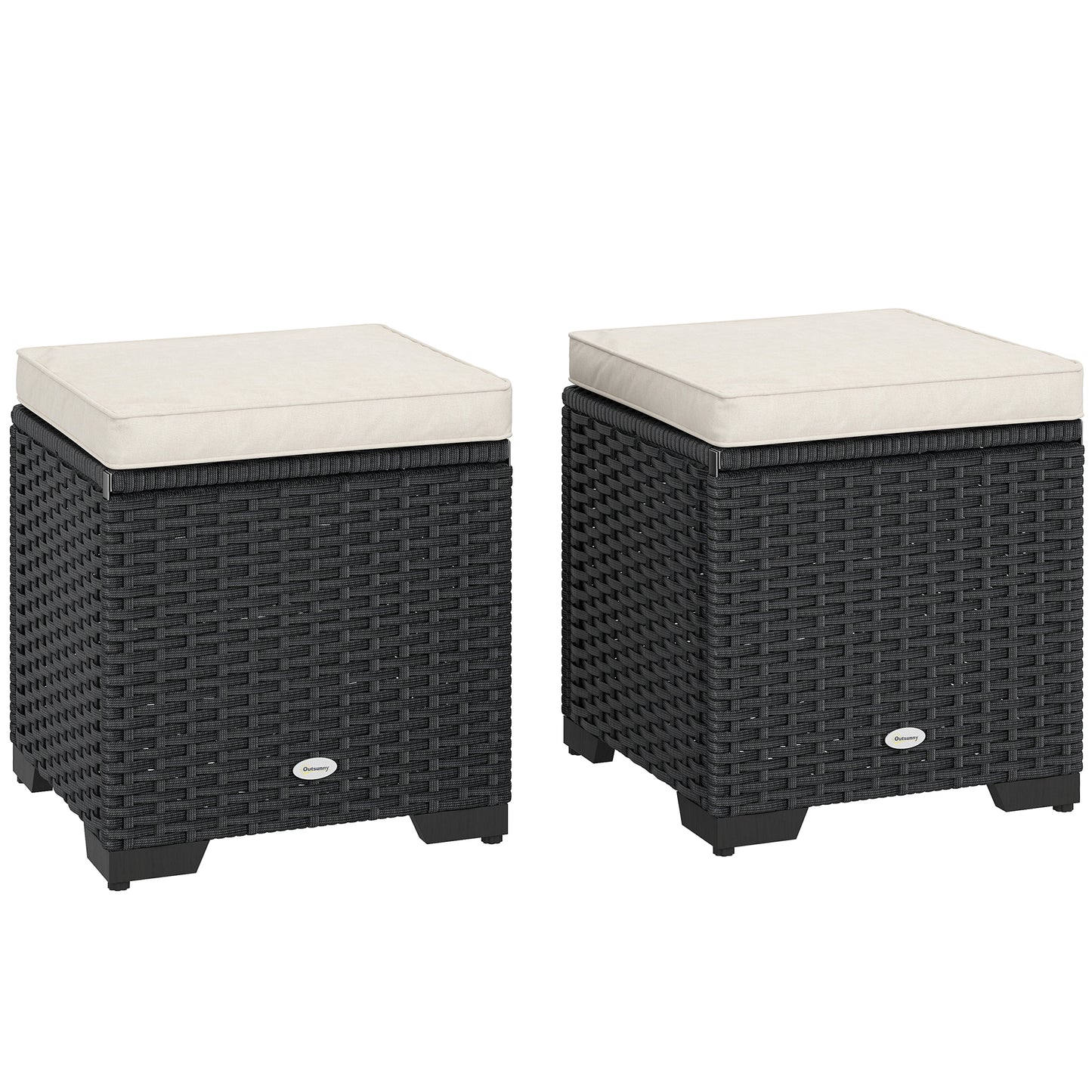 Photo of Outsunny Set of 2 Rattan Storage Ottoman, Outdoor Footstool with Removable Cushions, Garden Storage Seat for Balcony, Porch, Living Room, Cream in Cream colour on a white background