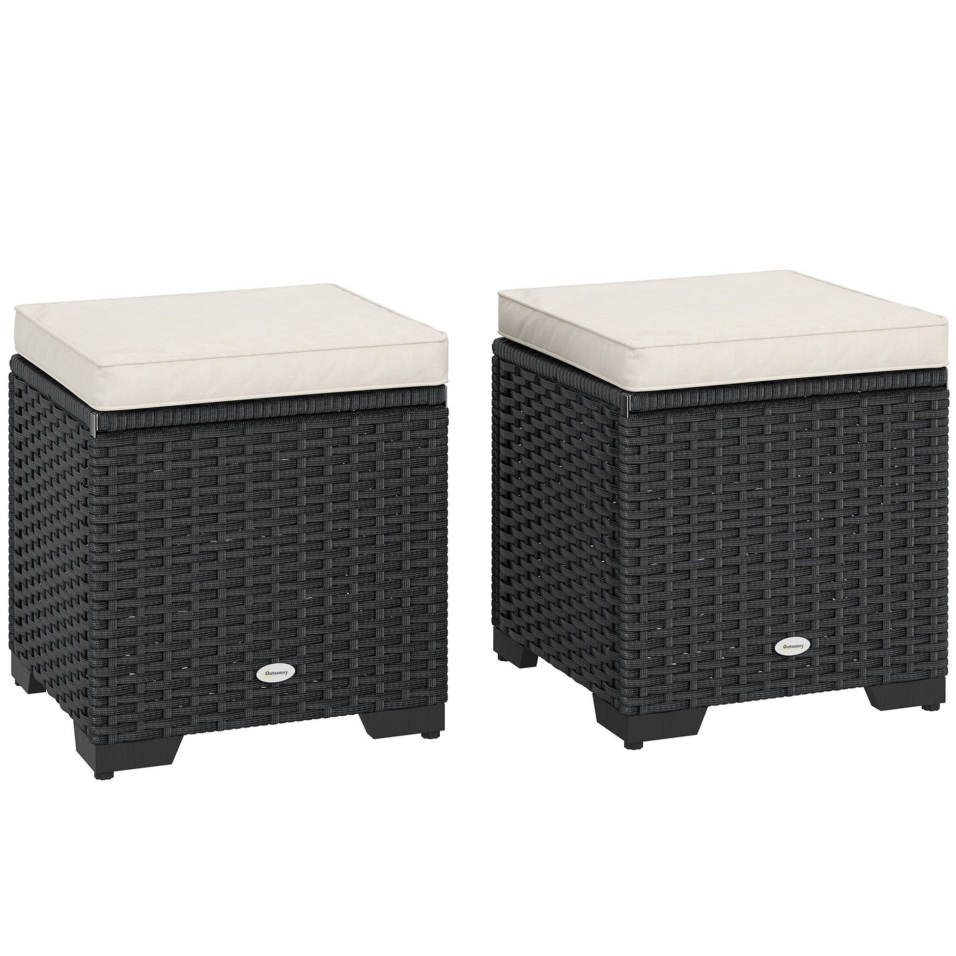 Photo of Outsunny Set of 2 Rattan Storage Ottoman, Outdoor Footstool with Removable Cushions, Garden Storage Seat for Balcony, Porch, Living Room, Cream in Cream colour on a white background