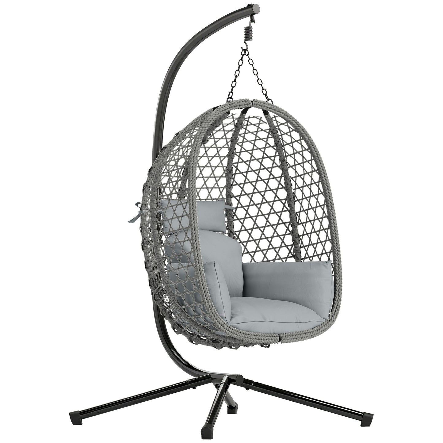 Photo of Outsunny Hanging Egg Chair, Indoor Outdoor Rattan Hammock Swing Chair with Stand, Safety Strap, Foldable Basket, Dark Grey in Grey colour on a white background