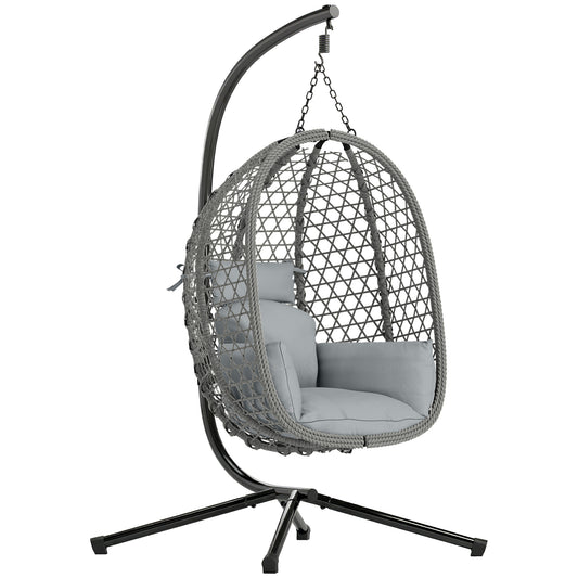 Photo of Outsunny Hanging Egg Chair, Indoor Outdoor Rattan Hammock Swing Chair with Stand, Safety Strap, Foldable Basket, Dark Grey in Grey colour on a white background
