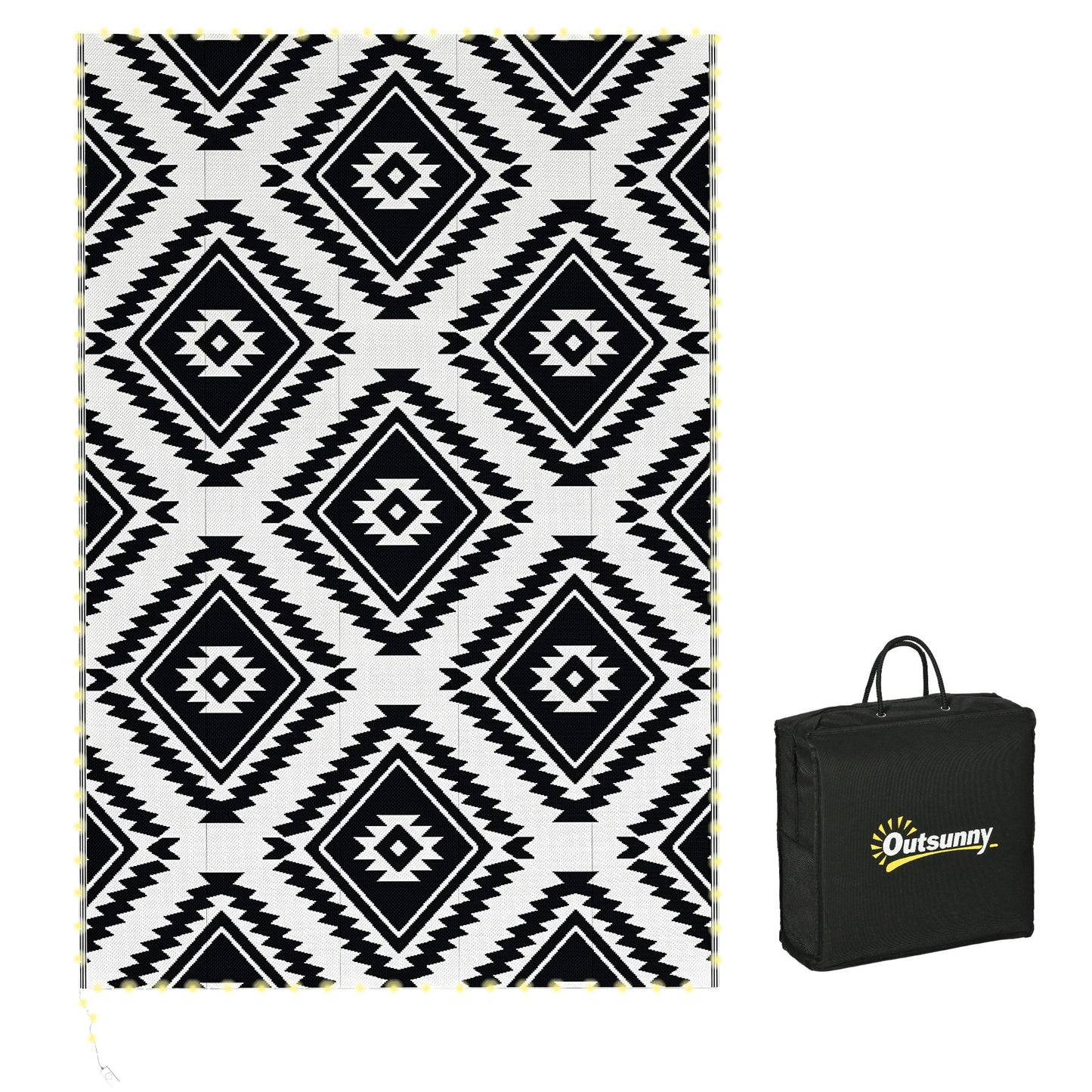 Photo of Outsunny Plastic Straw Reversible RV Outdoor Rug with LED String Light, 182 x 274cm, Black and White in White colour on a white background
