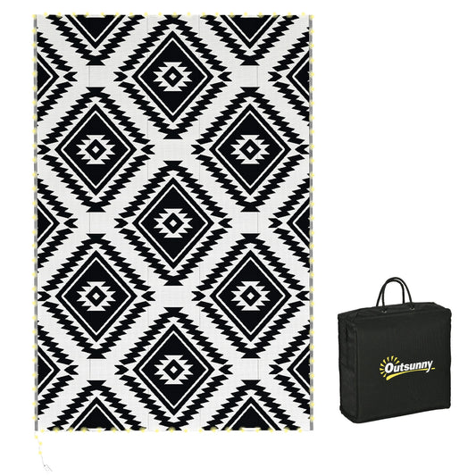 Photo of Outsunny Plastic Straw Reversible RV Outdoor Rug with LED String Light, 182 x 274cm, Black and White in White colour on a white background