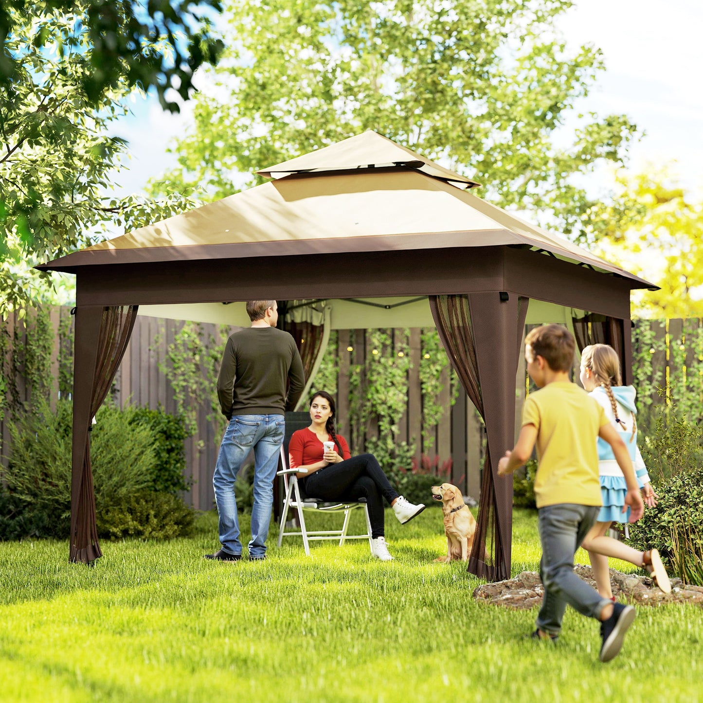 Outsunny 3 x 3(m) Pop Up Gazebo with Mosquito Netting, Easy Setup Marquee Party Tent with 1-Button Push, Double Roof, Carry Bag, Sandbags, Height Adjustable Instant Shelter, Khaki