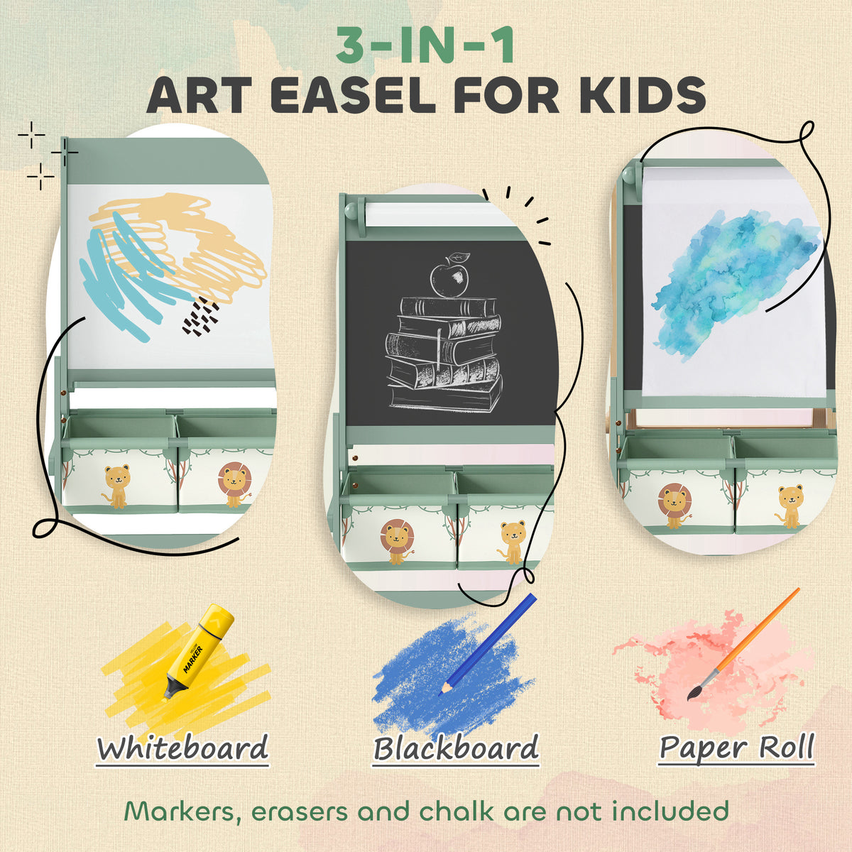 AIYAPLAY Art Easel for Kids, Double-Sided Whiteboard/Blackboard with Paper Roll, Two Storage Boxes, for Ages 3-8 Years, Green