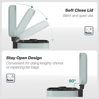 Light green kitchen bin with soft-close lid that stays open for longer tasks.