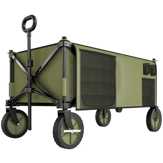 Photo of Outsunny 125L Festival Trolley on Wheels, Folding Wagon Camping Trolley Cart with Removable Cover, Side Pockets, Adjustable Handle, Portable Wagon Cart for Outdoor Garden Shopping Picnic, Green in Green colour on a white background