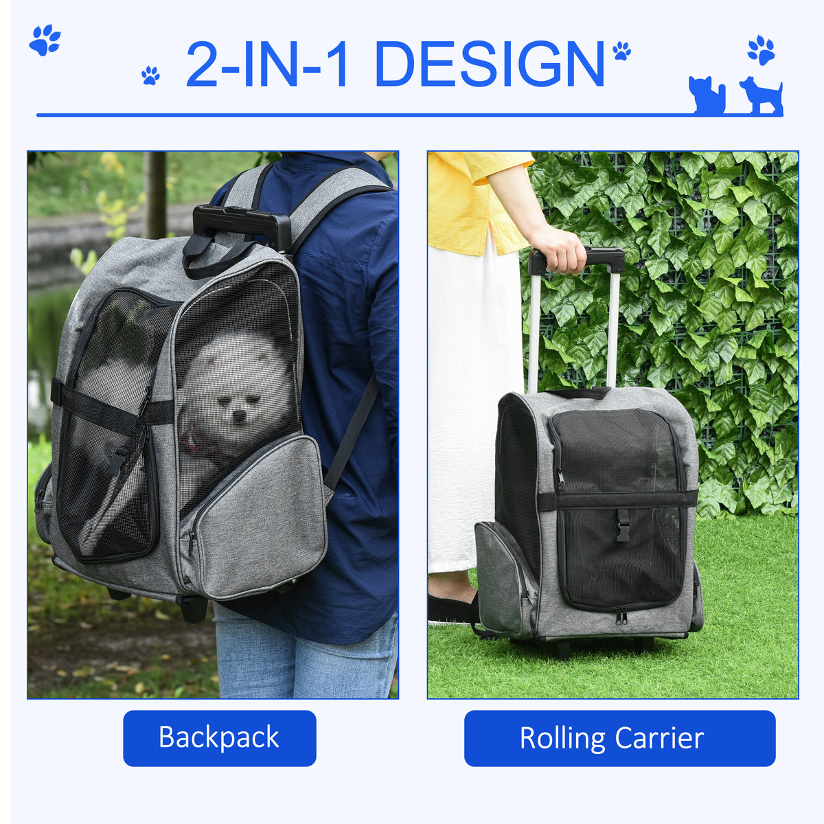 PawHut 2 in 1 Dog Backpack and Trolley, Pet Travel Backpack Cat Dog Carrier with Telescopic Handle, Portable Pet Stroller Wheel Luggage Bag (Grey)