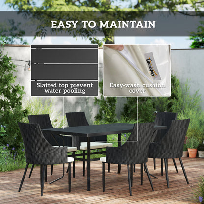 Six-seat outdoor dining set with black woven chairs, cream cushions, and a slatted table.