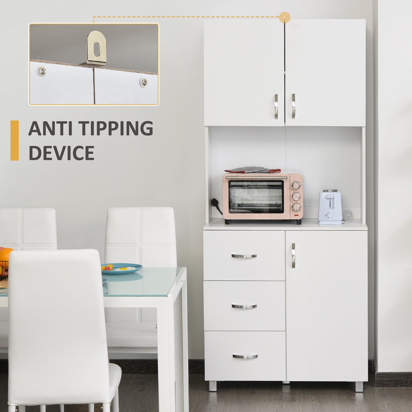 HOMCOM 183.5cm Free standing Kitchen Cupboard, Storage Cabinet with Doors and Sheleves, 3 drawers and Open Space, Adjustable Height Storage Unit, White