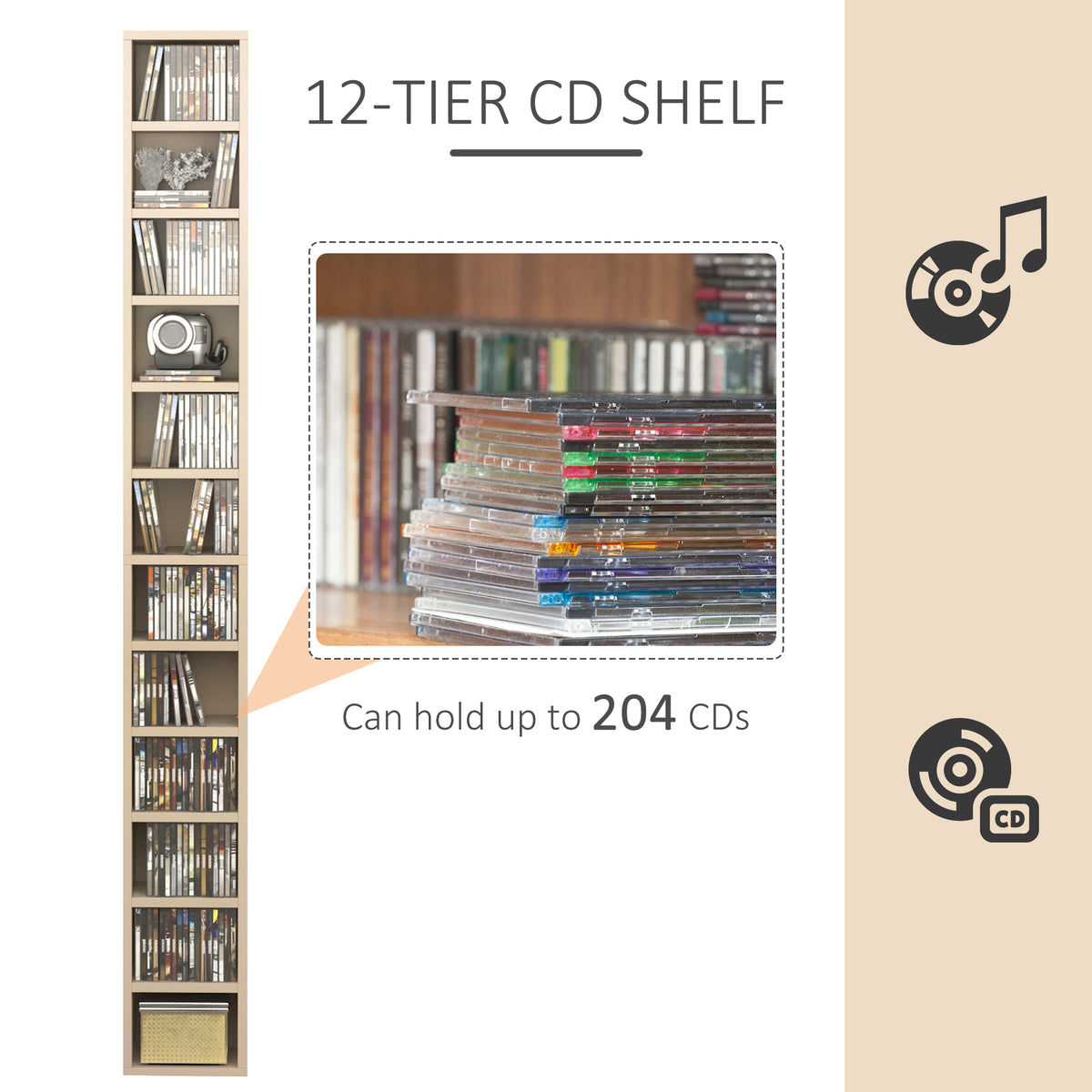 12-tier oak-tone CD shelf shown holding discs, with capacity for 204 CDs