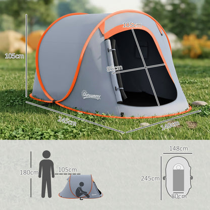 Outsunny two-person pop-up dome tent with dimensions of 245 by 148 by 105 cm.